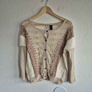 BKE Boutique Beige Sheer Lace Crochet Button Cardigan Womens Size M
